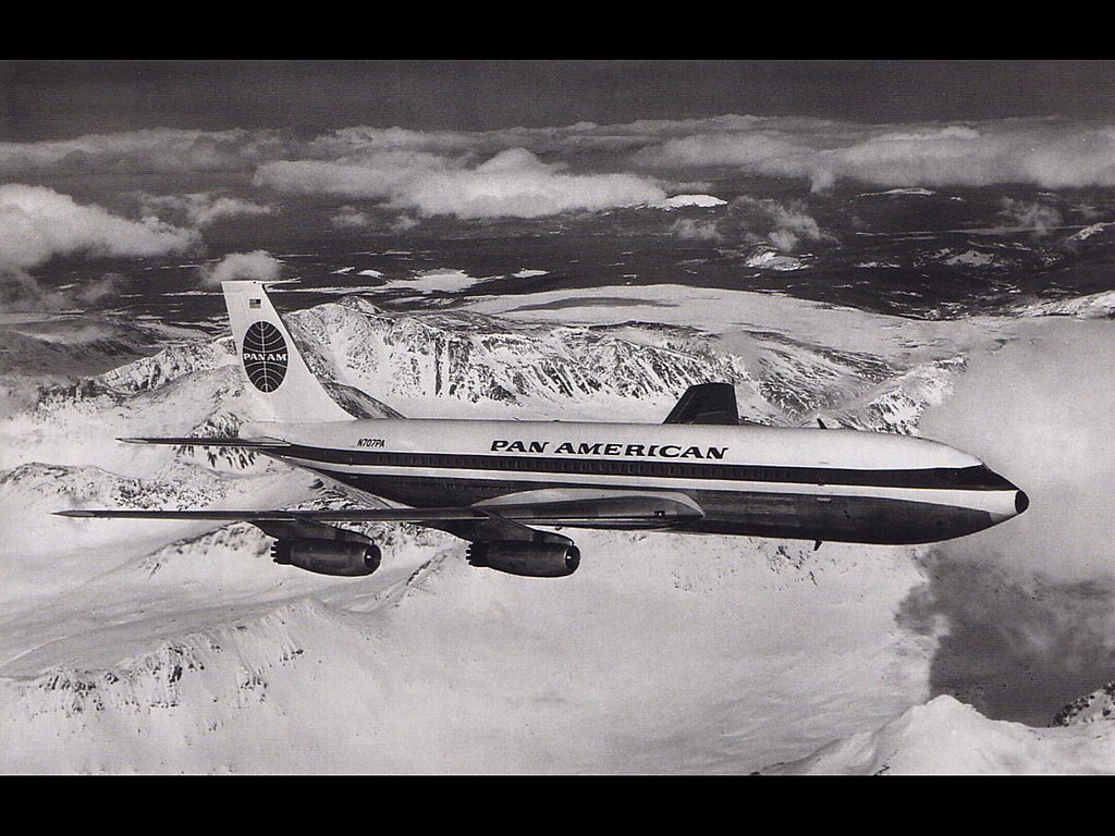 Boeing 707-120 without eyebrow windows | Pan American | N707PA | flying over snow coverd mountains