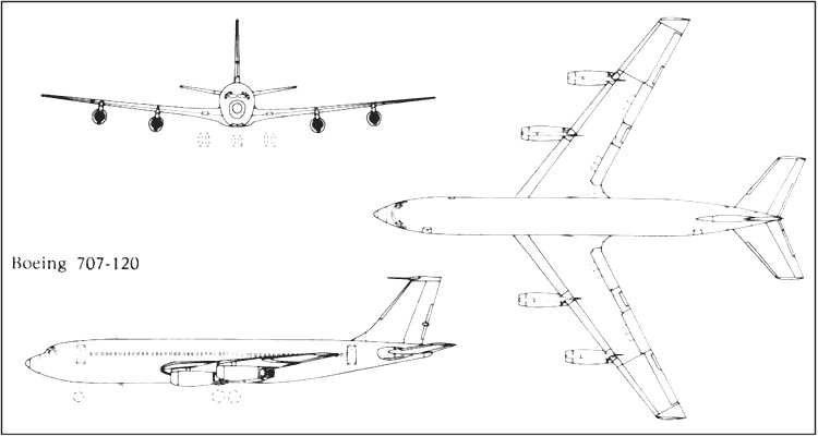 Boeing 707-120 3-side view drawing