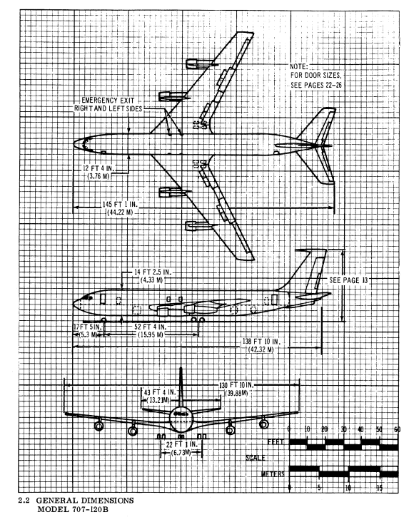 Boeing 707-120B 3-side view drawing with main dimensions