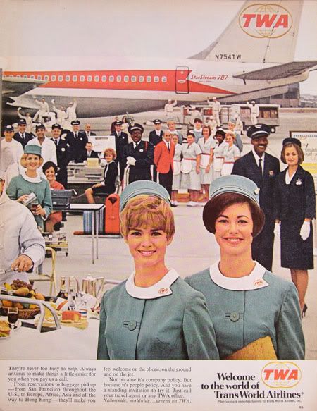 Boeing 707-131B | TWA | N754TW | TWA advertisement with airplane crew in front of a 707-120B