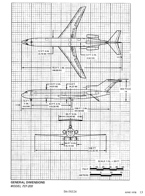 Boeing 727-200 3-side view drawing with dimensions