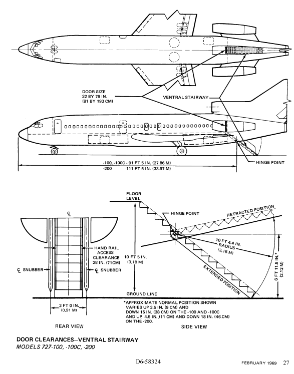 Boeing 727-200 ventral stairway drawing with dimensions