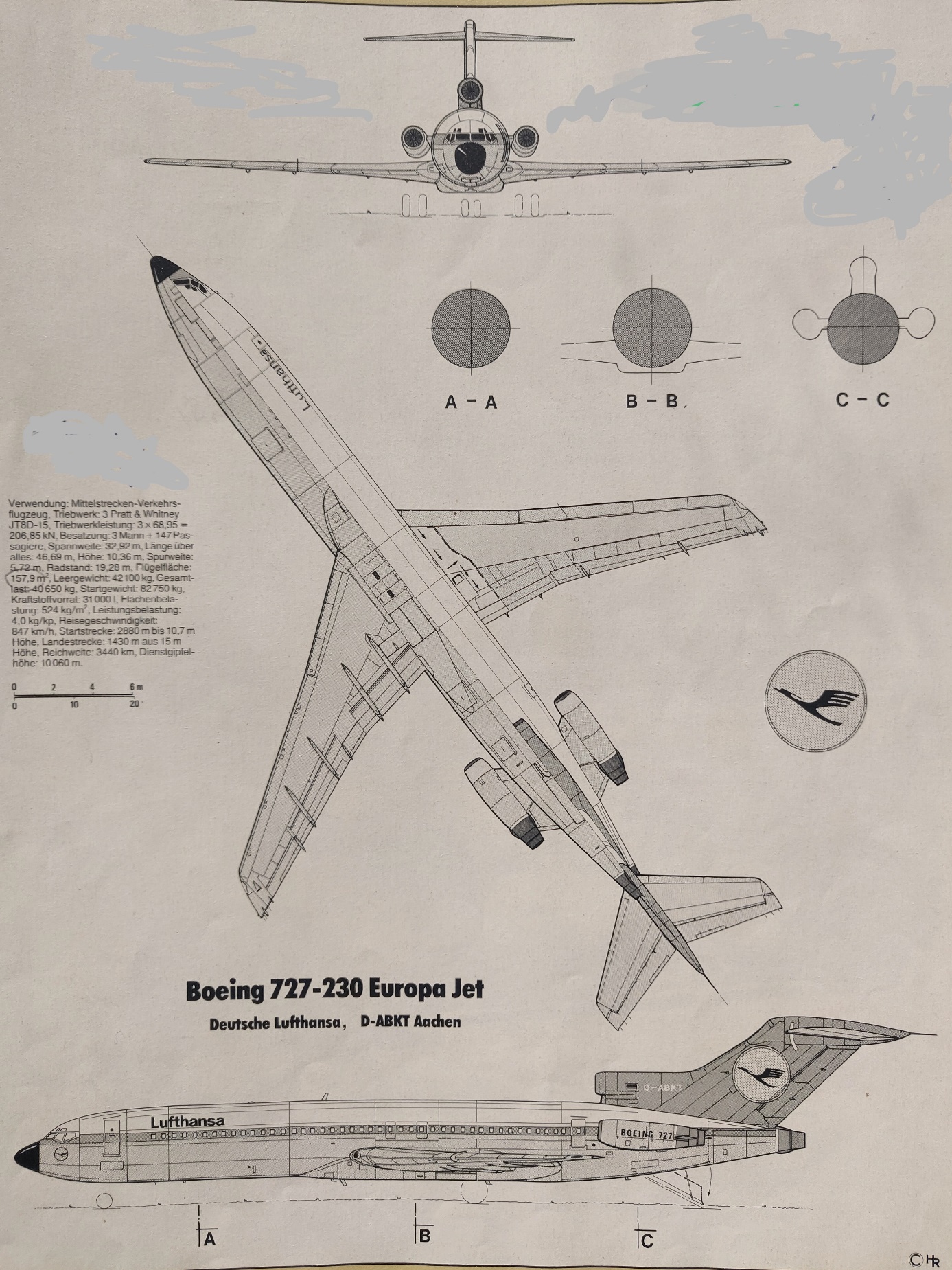 Boeing 727-230adv | Lufthansa | D-ABKT | 727-200 3-side view drawing