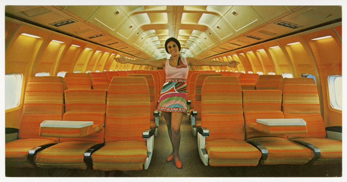 colourful Braniff Boeing 727-200 adv interior | Superjet look with stewardess