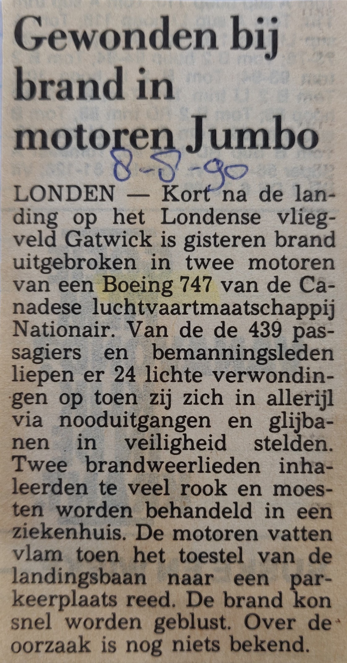 Boeing 747-200 | Nationair | newspaper article 08 August 1990 fire in engines