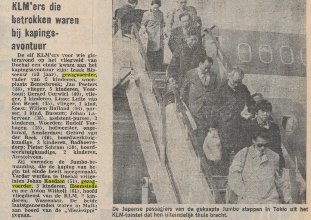 Boeing 747-200 | KLM | PH-BUA | newspaper article KLM crew involved in the hijack