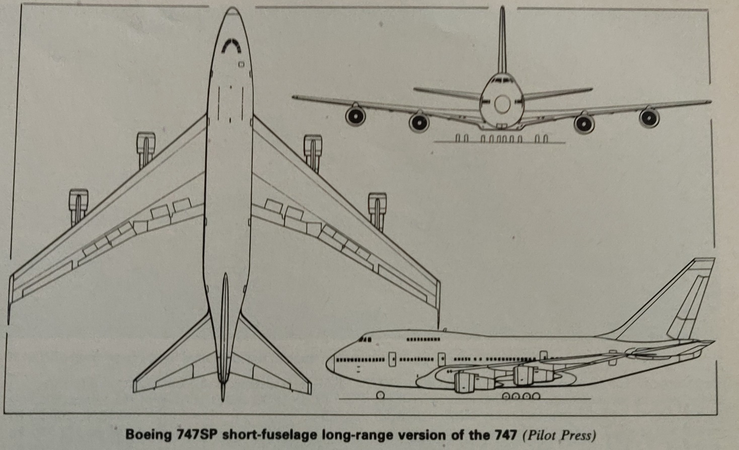 Boeing 747SP 3-side scale drawing