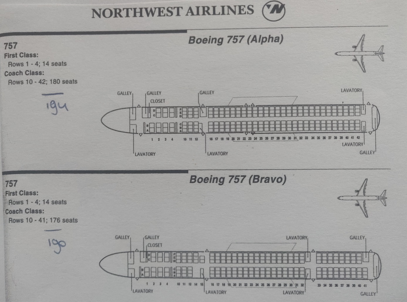 Boeing 757-200 | Northwest airlines | cabin lauyout | seating arrangement