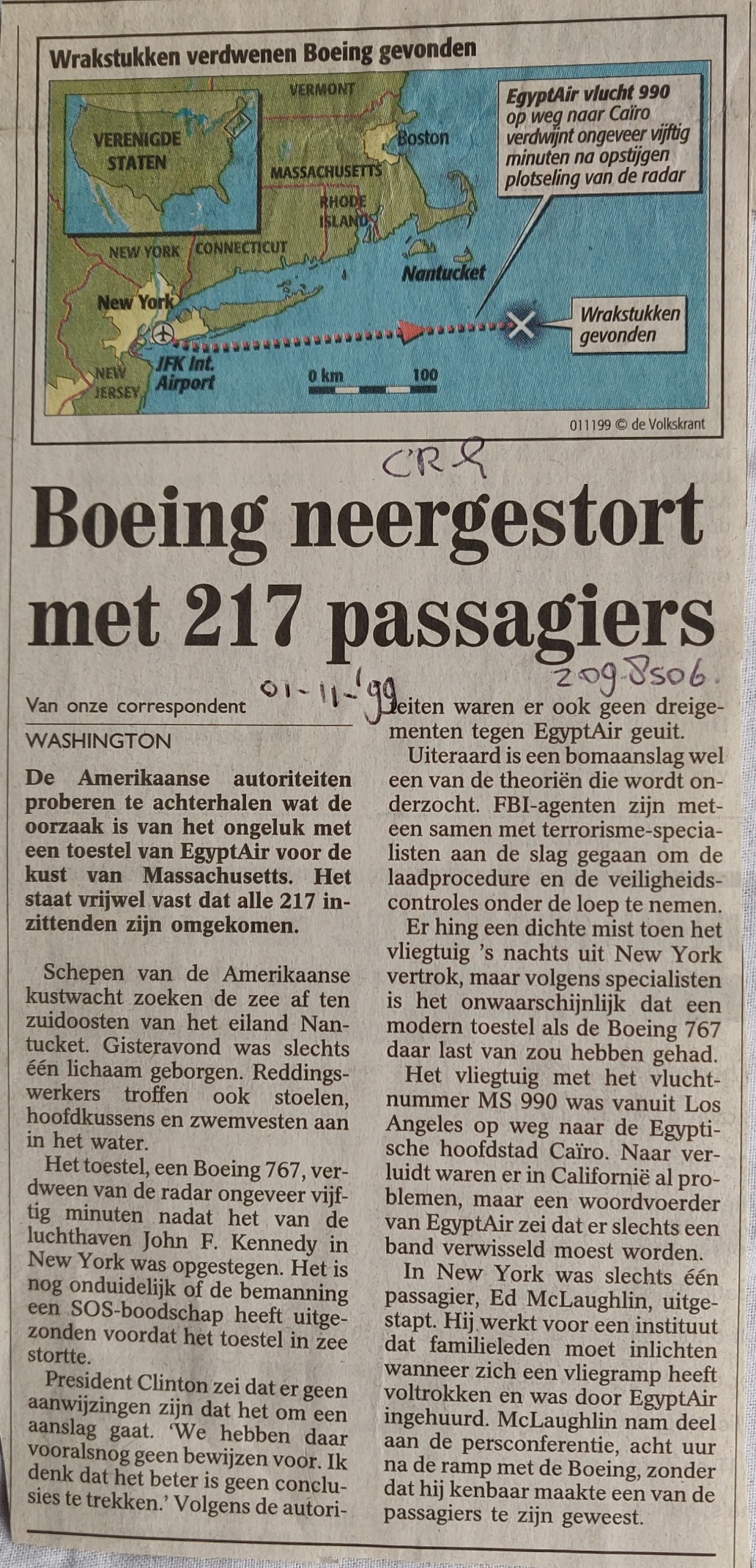 Boeing 767-300ER | Egypt Air | SU-GAP | newspaper article  01 November 1999 Boeing crashed with 217 passengers