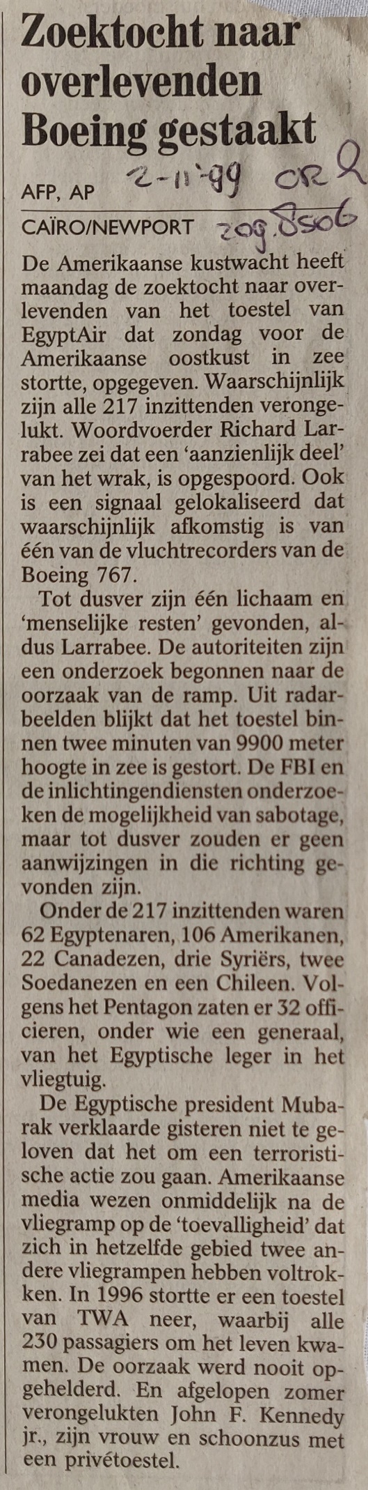 Boeing 767-300ER | Egypt Air | SU-GAP | newspaper article 2 Novenber 1999 | search for survivors ended