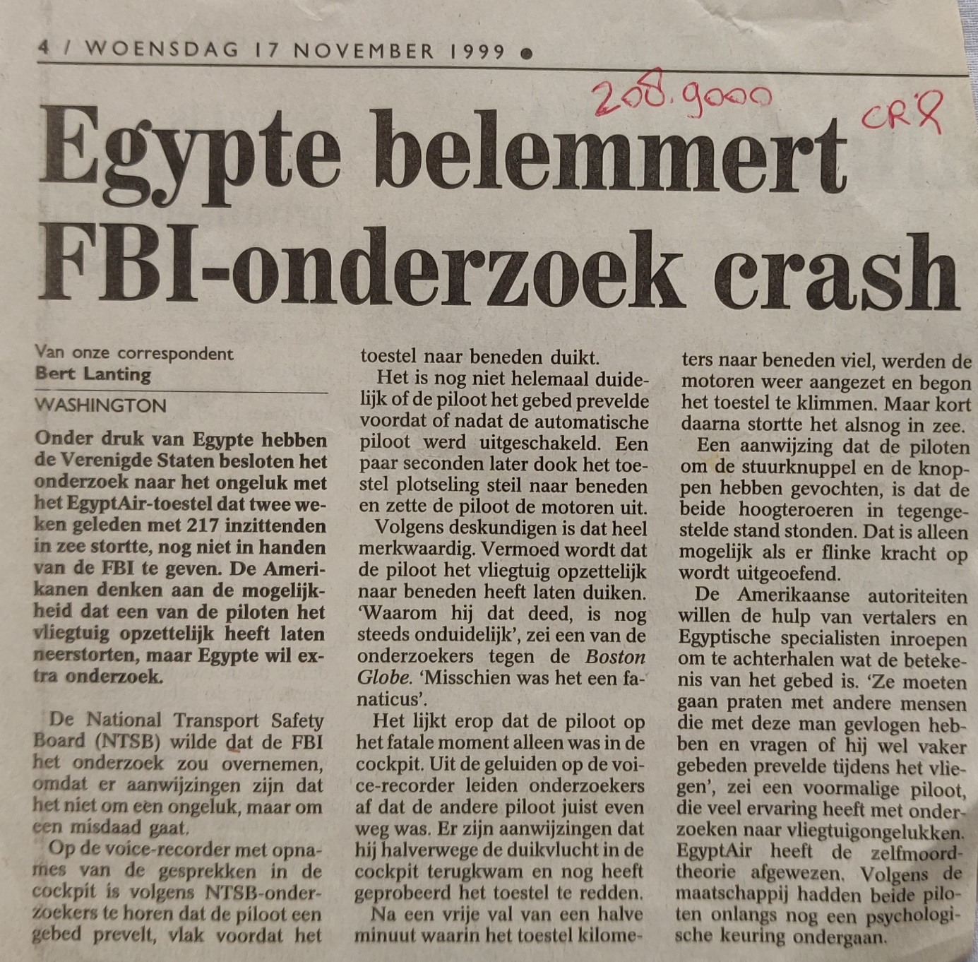 Boeing 767-300ER | Egypt Air | SU-GAP | newspaper article 17 Novenber 1999 | Egypt hampers FBI investigation