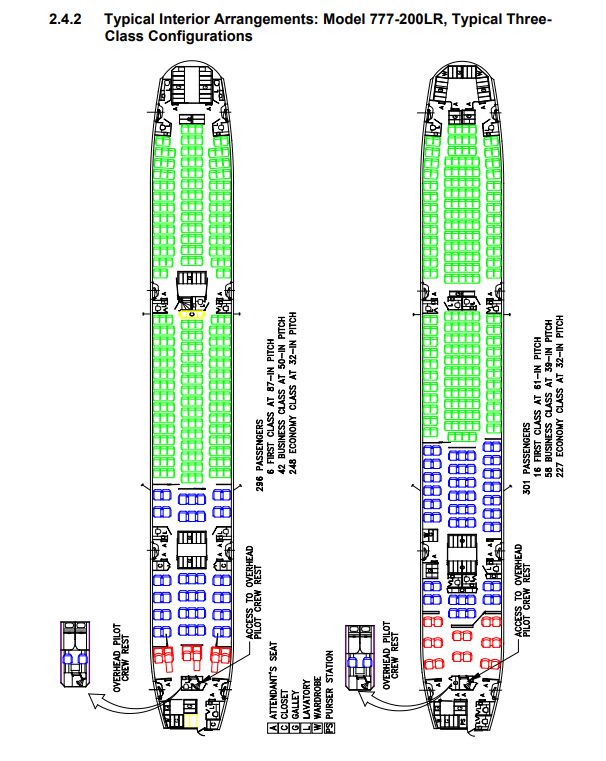 Boeing 777-200LR passenger cabin seat layout