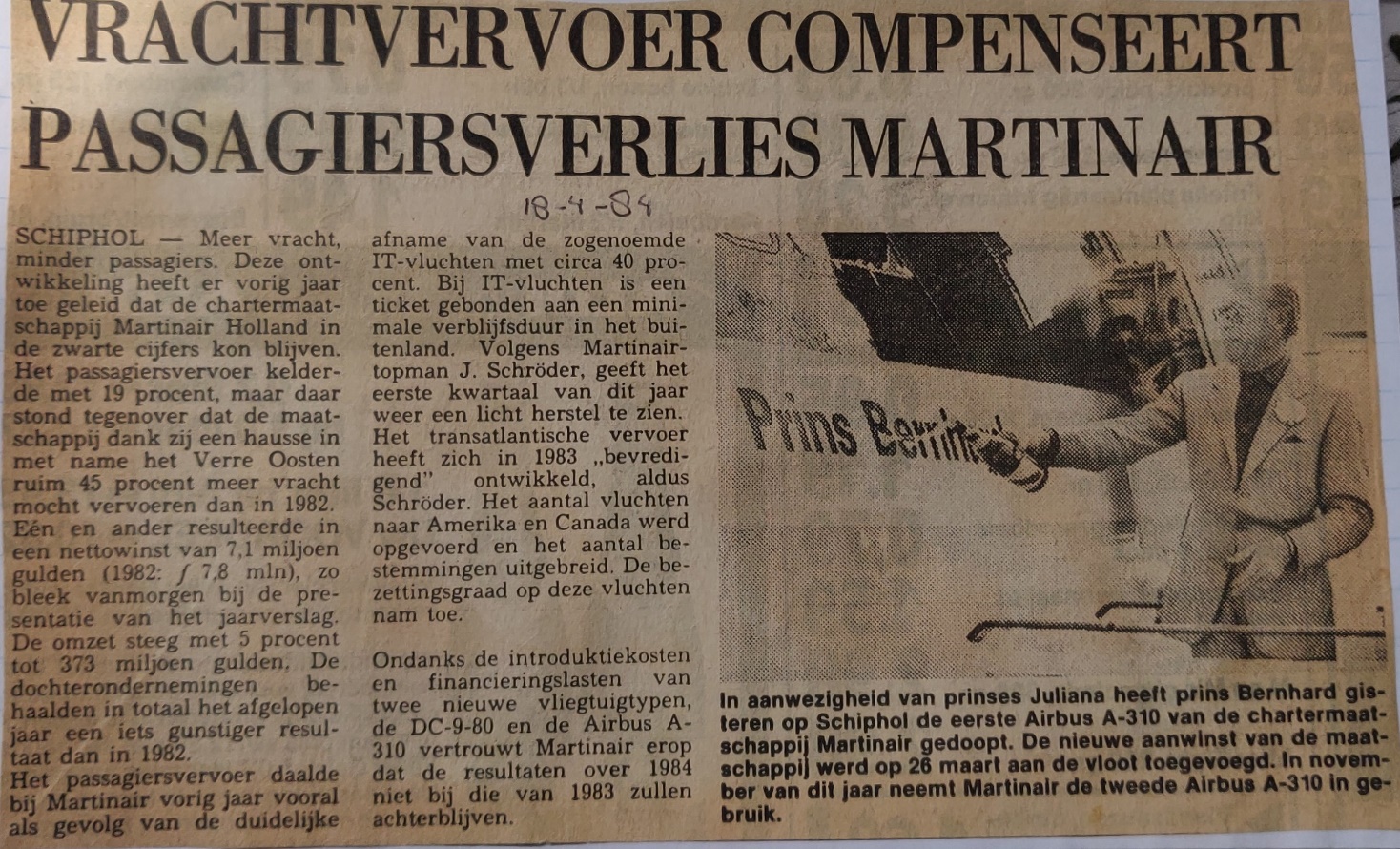 Airbus A310-200 newspaper article Martinair | Prins Bernhard 