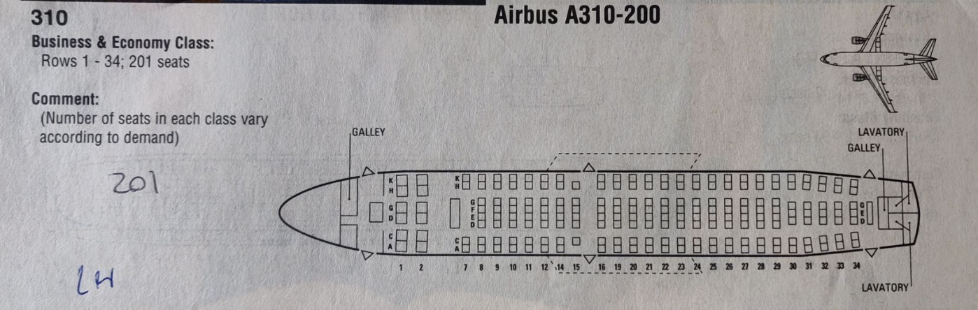 Airbus A310-200 | Lufthansa | Cabin seat arrangement