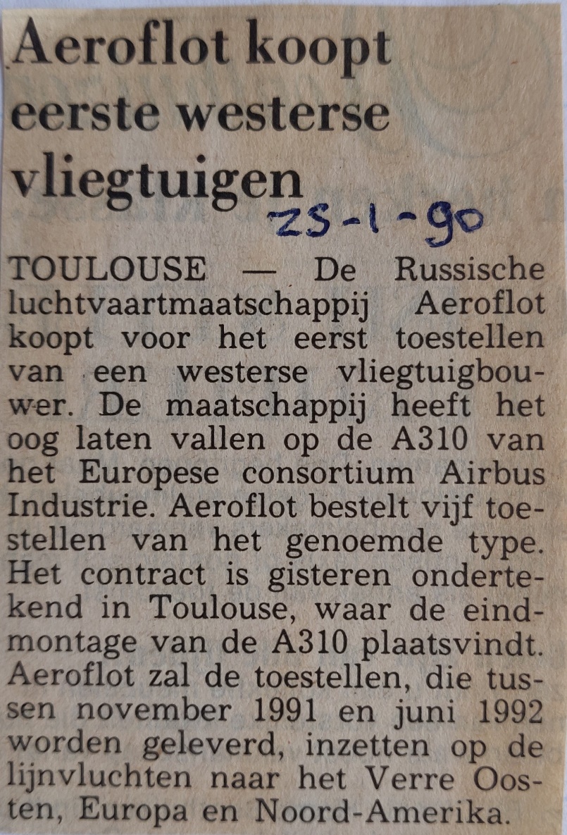 Airbus A310-300 | Aeroflot | newspaper article 25 January 1990 Aeroflot buys A310