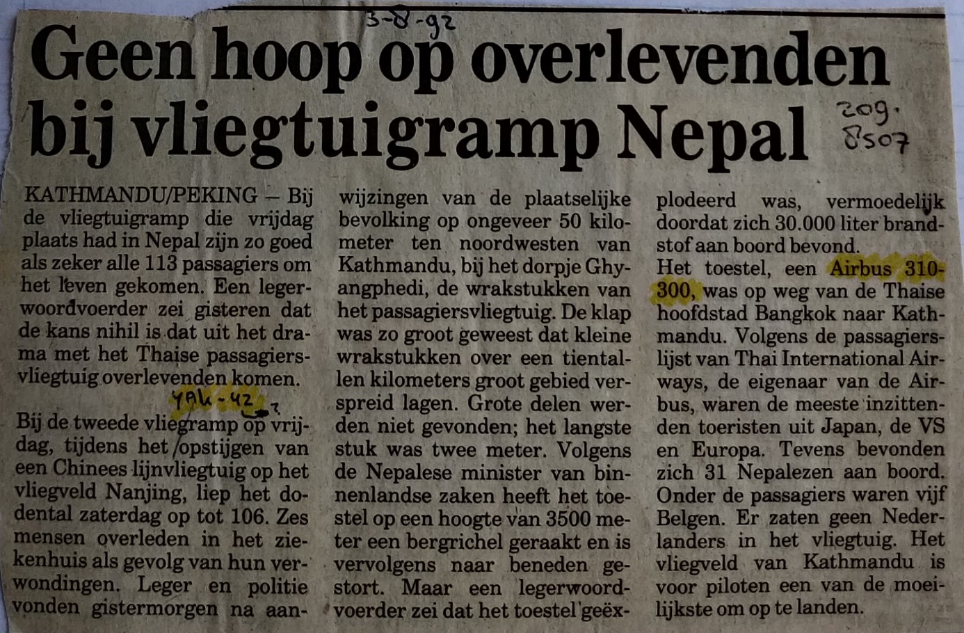 Airbus A310-300 newspaper article Thai airways crash near Kathmandu , Nepal 1992