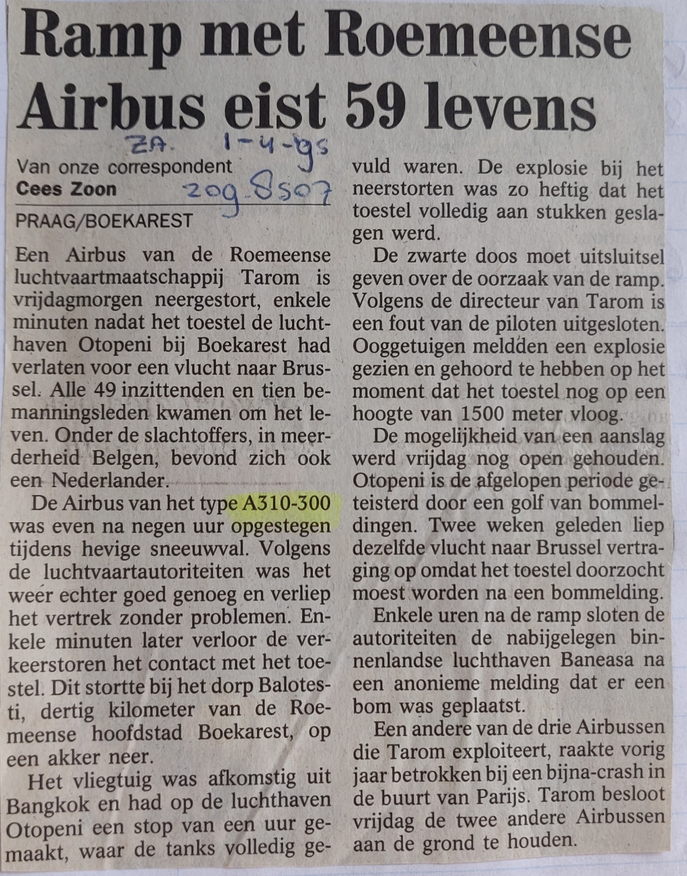 Airbus A310-300 newspaper article Tarom  crash near Balotesti, Romenia 1995