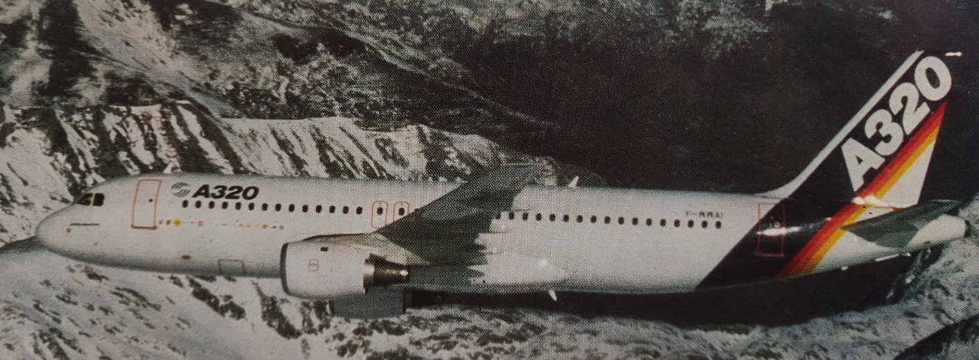 Airbus A320 prototype | F-WWAI | picture of A320 jet liner prototype flying over snow covered mountains