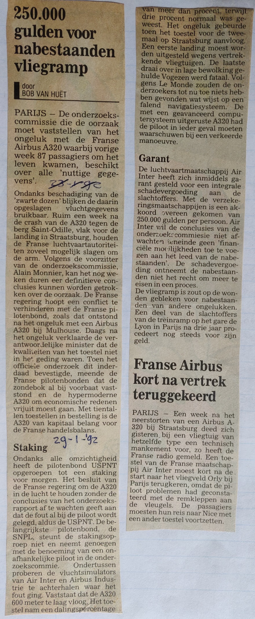 Airbus A320-111 newspaper article 29 January 1992 Air Inter crash near St.Odile black boxes recovered 