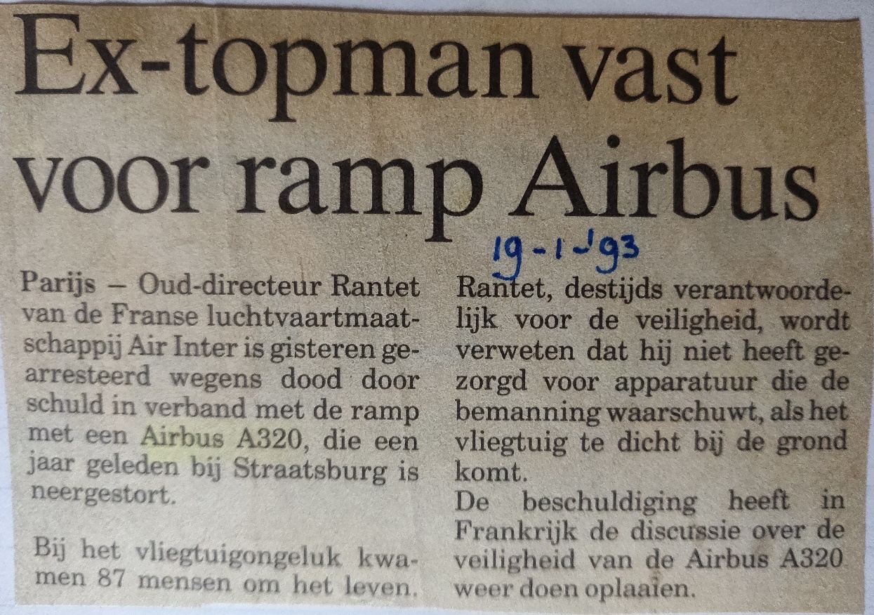 Airbus A320-111 newspaper article 19 January 1993 Air Inter ex-CEO Rantet arrested for the crash near St.Odile in 1992