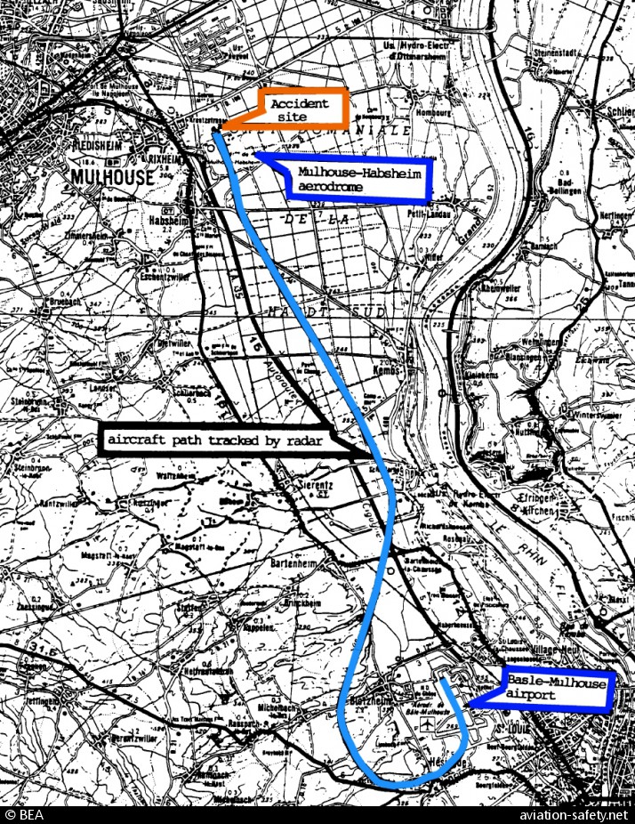 A320-111 | Air France | map of flight path flight AF296Q with accident site near Mulhouse 26 June 1988