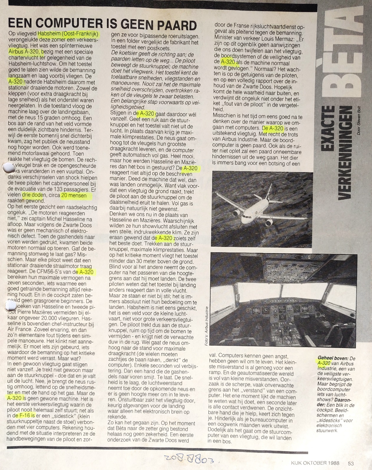 A320-111 | KIJK article about crash of A320 near Habsheim in 1988 | KIJK OKTOBER 1988 