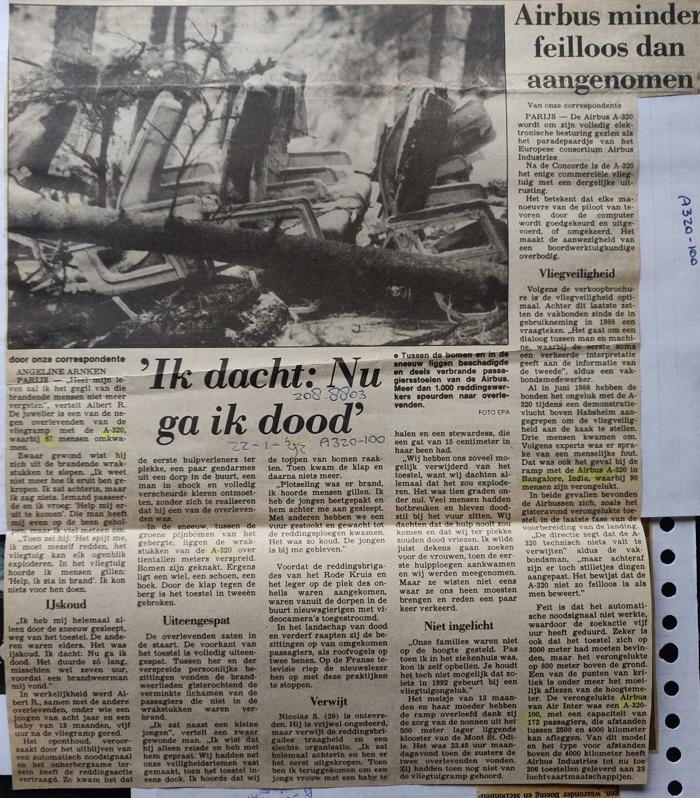 Airbus A320-111 newspaper article 22 January 1992 discription of the Air Inter crash near St.Odile, France