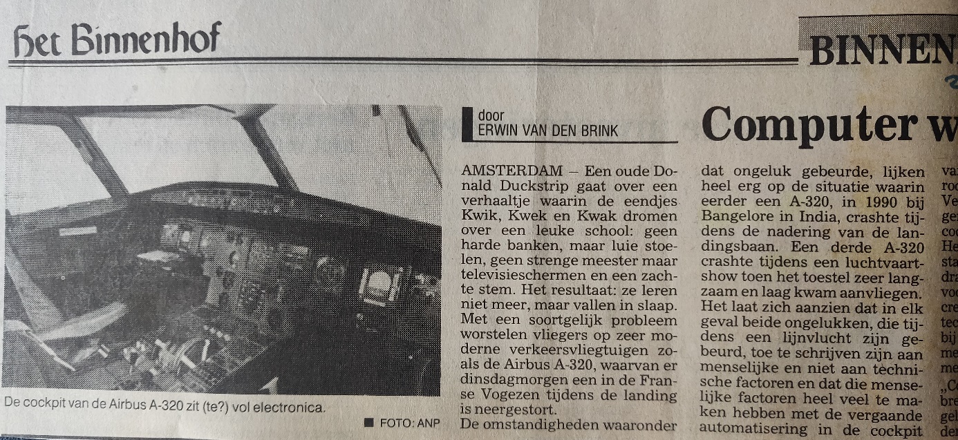 Airbus A320-111 newspaper article Binnenhof 25 January 1992 analyse of the Air Inter crash near St.Odile part 1