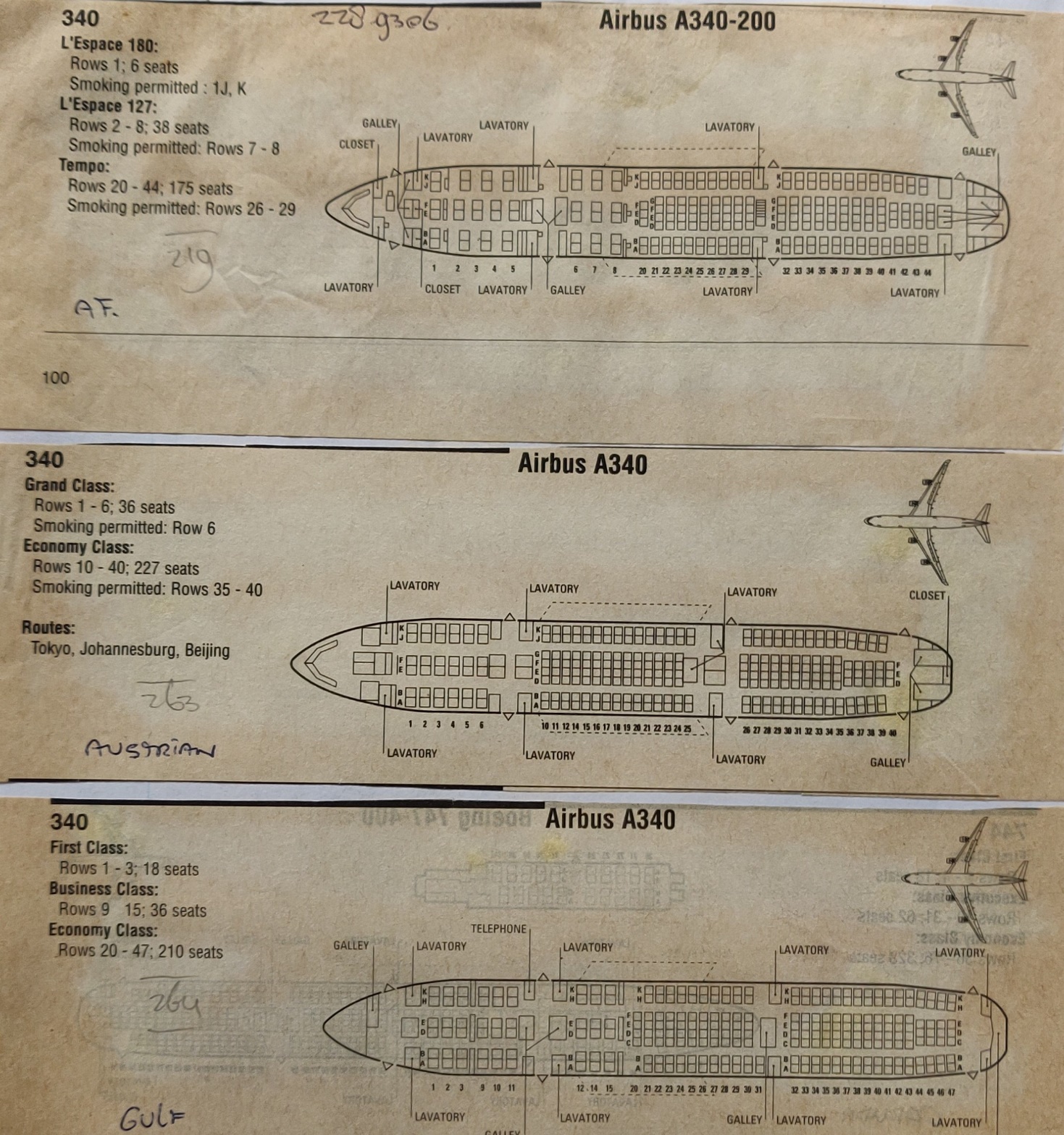 Airbus A340-200 cabin seat arrangements