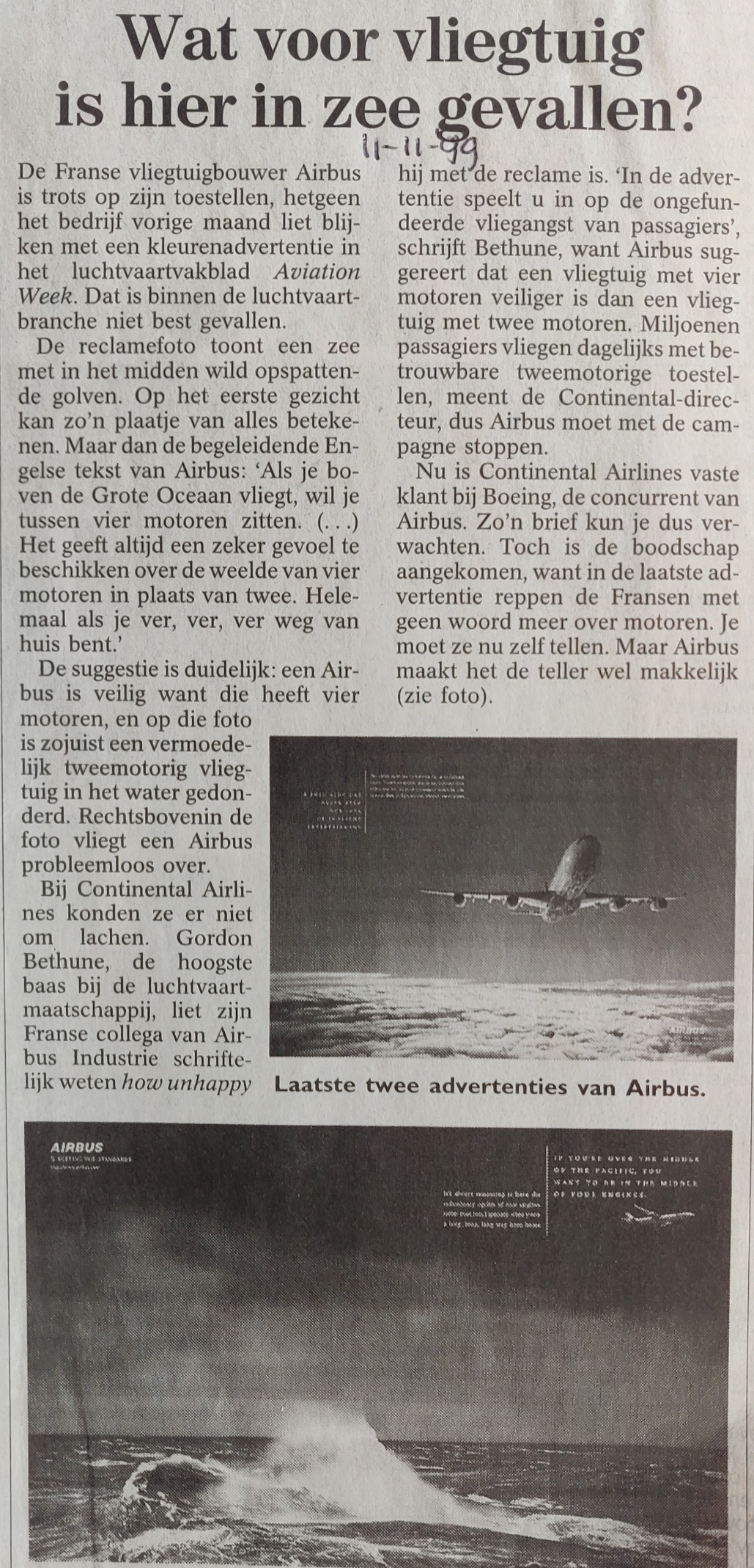 Airbus A340-300 newspaper article 11 November 1999 four engiens are more safe