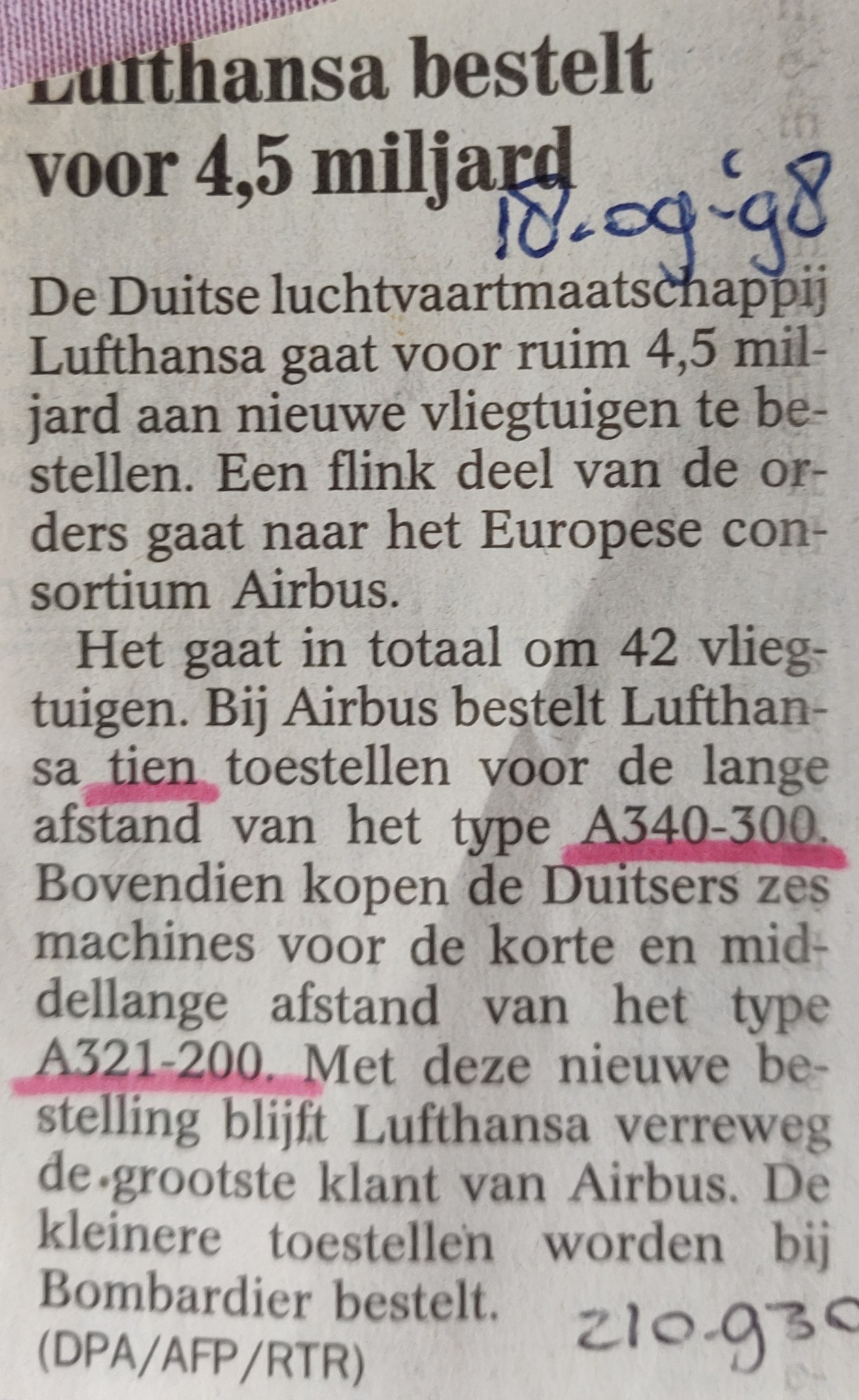 Airbus A340 newspaper article 18 september 1998 Lufthansa orders more A340 jetliners