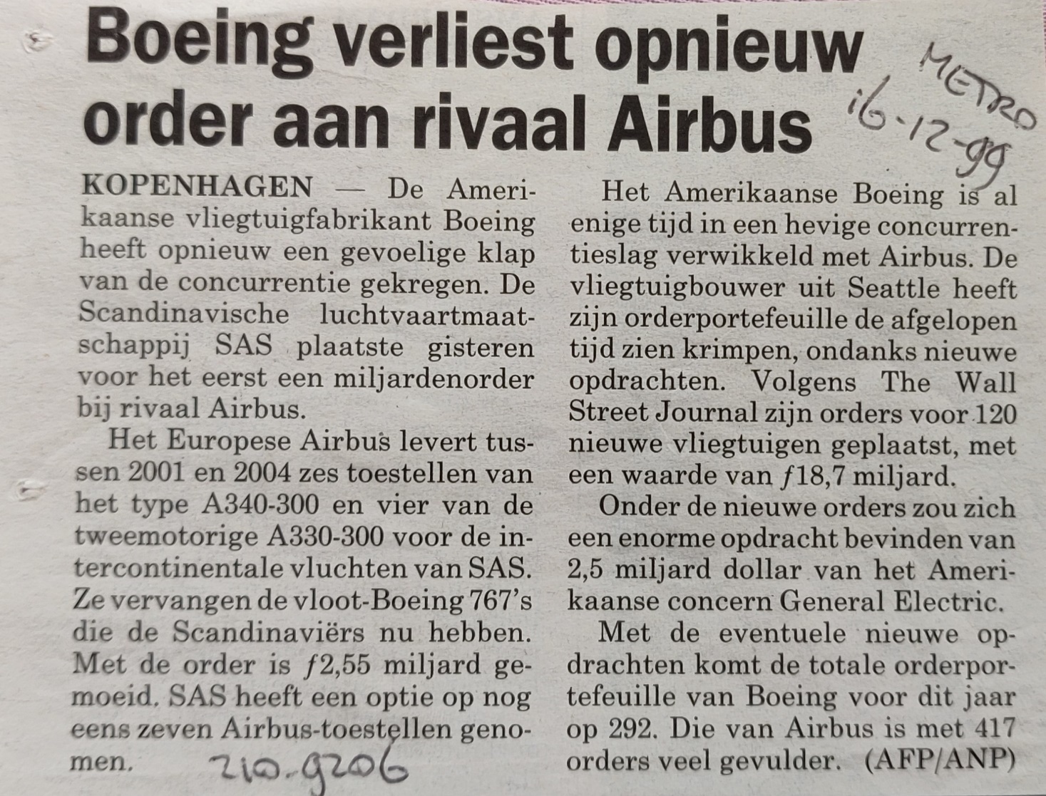 Airbus A340-300 newspaper article 16 December 1999 SAS orders A340