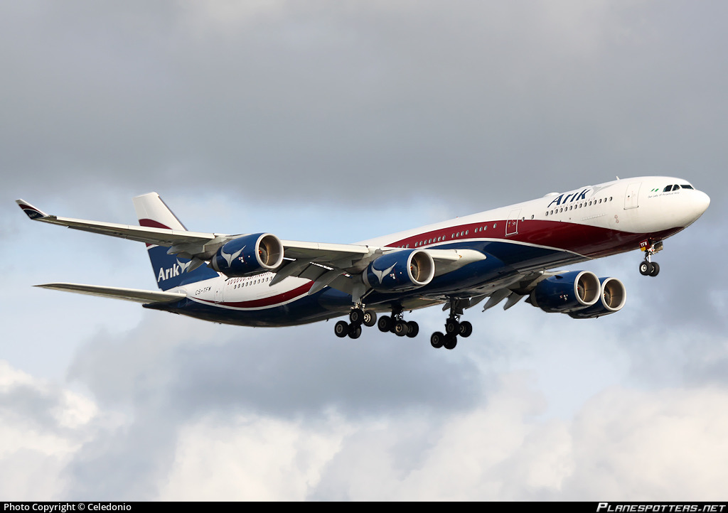 CS-TFW Arik Air Airbus A340-542 photographed at London Heathrow (LHR / EGLL) by Celedonio