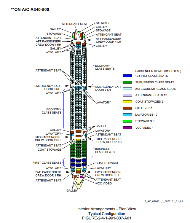 Airbus A340-500 cabin seat arrangement