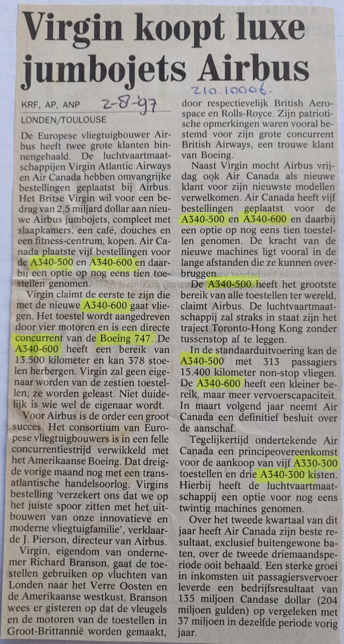 Airbus A340-600 newspaper article 2 February 1997 Virgin Atlantic and Air Canada buy A340-600 luxurious jumbojets