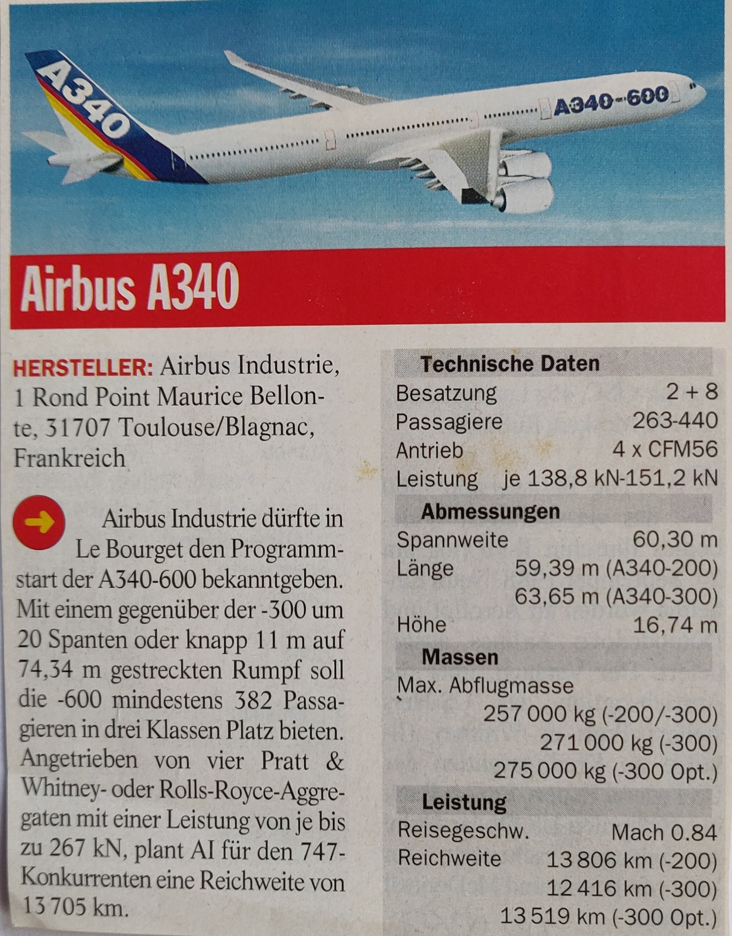 Airbus A340-600 prototype in flight with technical data table