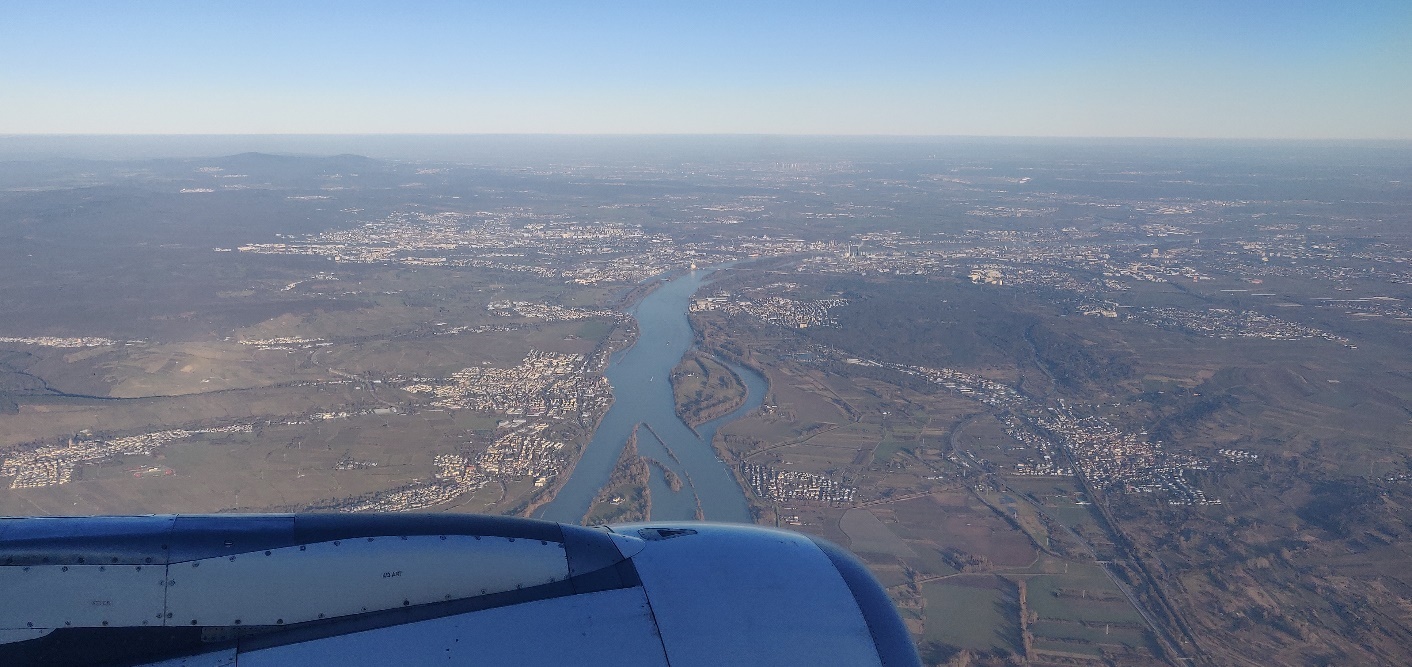 Eltville along the Rhine from the air with A320-200 CFM56 turbofan engine cowling