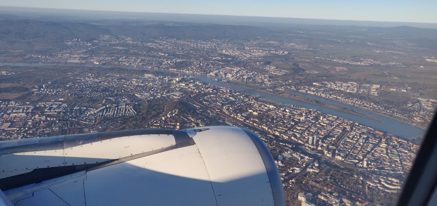 Mainz am Rhine from the air with A320-200 CFM56 turbofan engine cowling