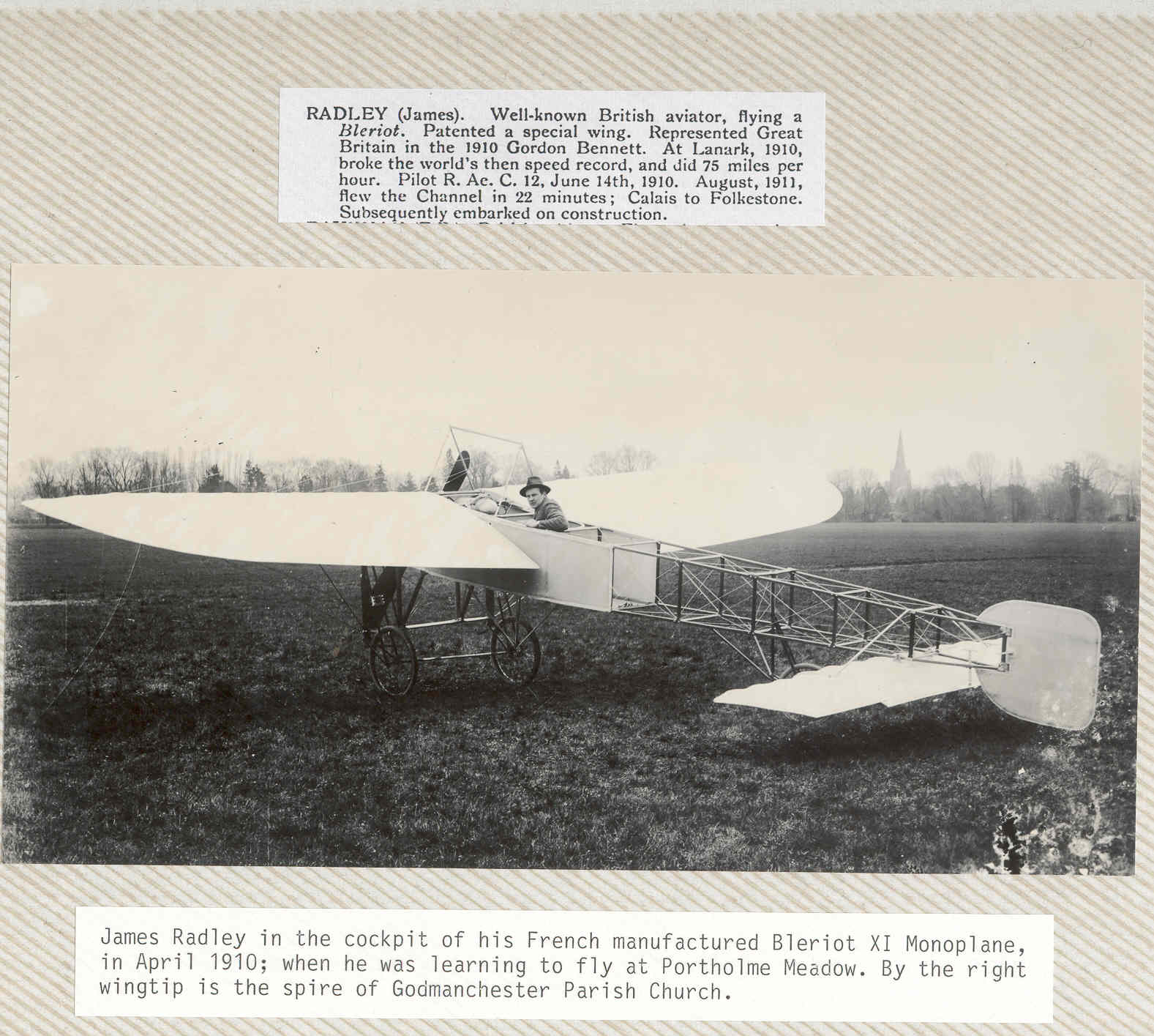 James Radley in the cockpit of his Bleriot XI on Portholme in April 1910. |  Air transport, Historical, Male, Newsworthy | Huntingdon