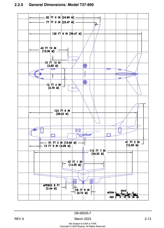 Boeing 737-800 3-side view scale drawing with dimensions
