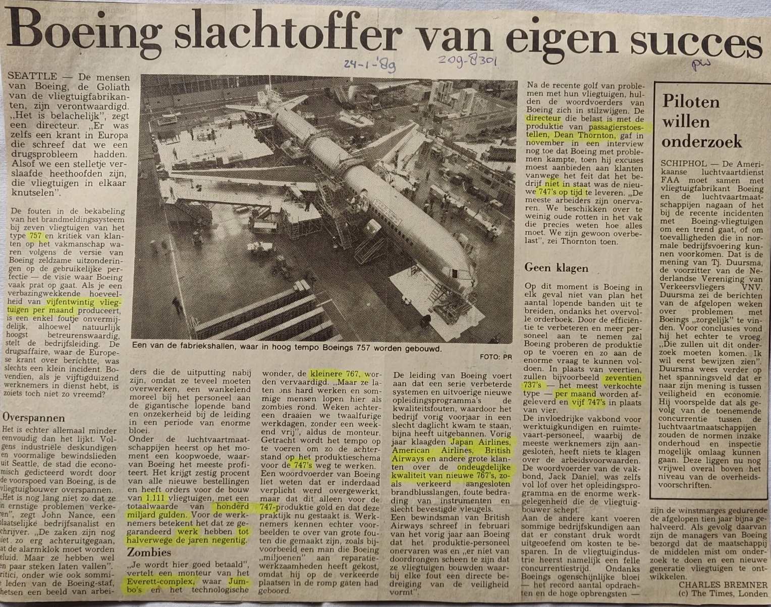 Boeing 757-200 newspaper article 24 January 1989 "Boeing victim of own success"