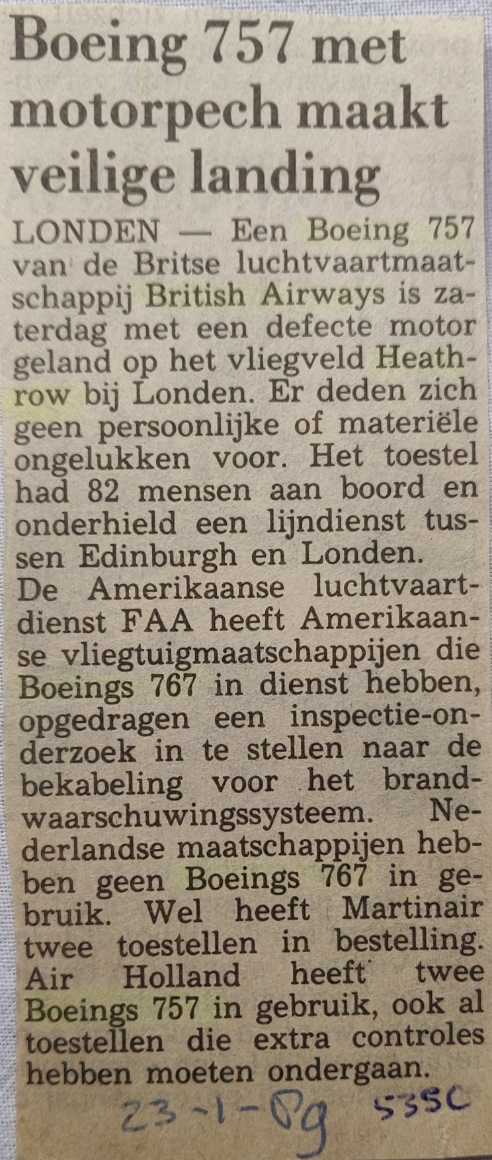oeing 757-200 newspaper article 23 January 1989 engine failure unknown British Airways 757
