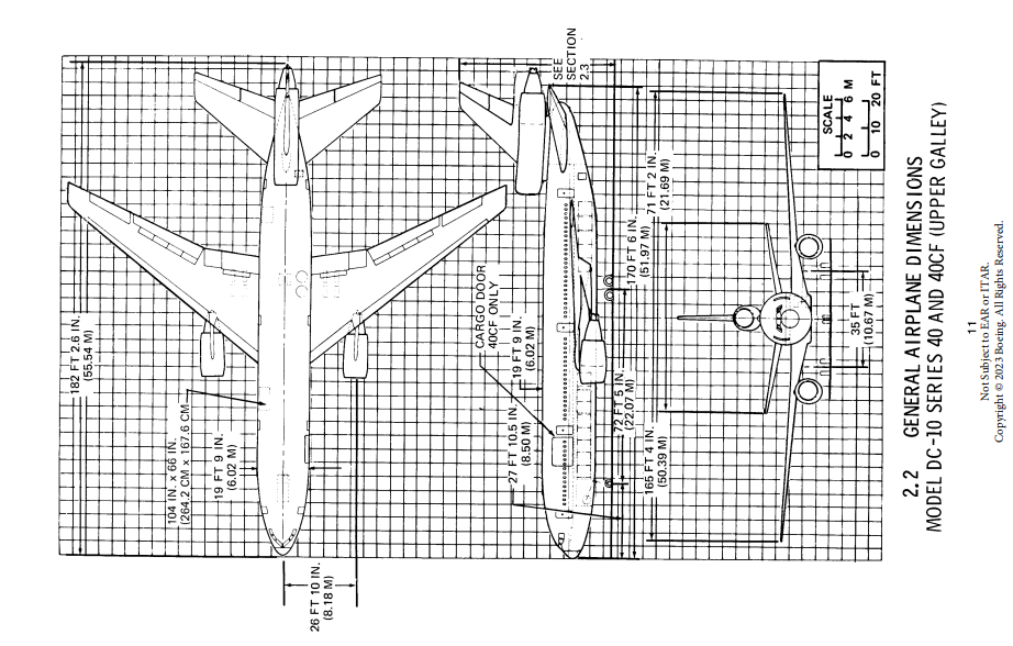 DC-10-40 3-side view scale drawing and dimensions