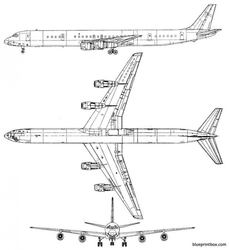 Douglas DC-8-63 3-side view drawing