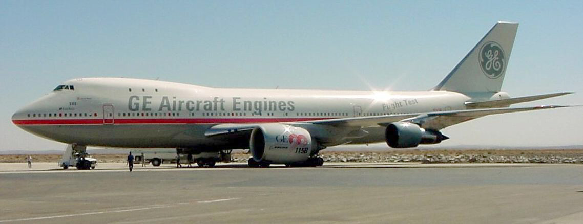 Boeing 747 General Electric test aircraft with General Electric GE90-115B turbofan engine under the wing