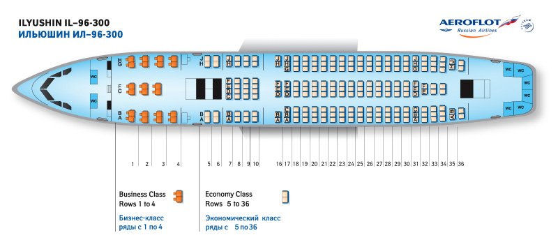 Ilyushin Il-96-300 cabin seat layout