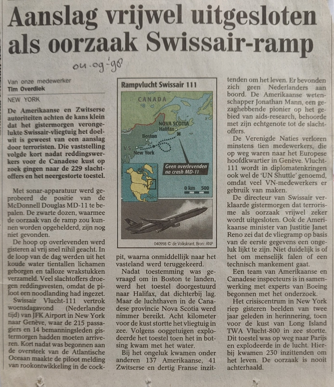 McDonnel Douglas MD-11 Swissair crash September 1998 newspaper article 
