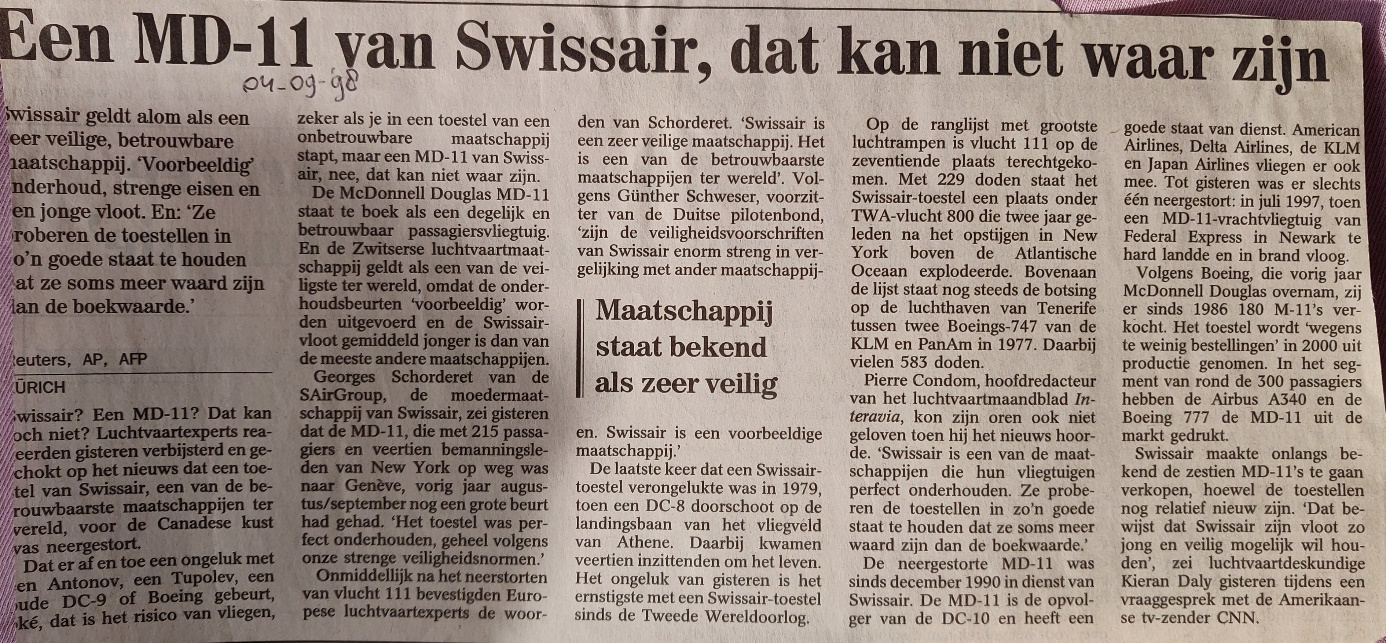 McDonnel Douglas MD-11 Swissair crash 04 September 1998 newspaper article 