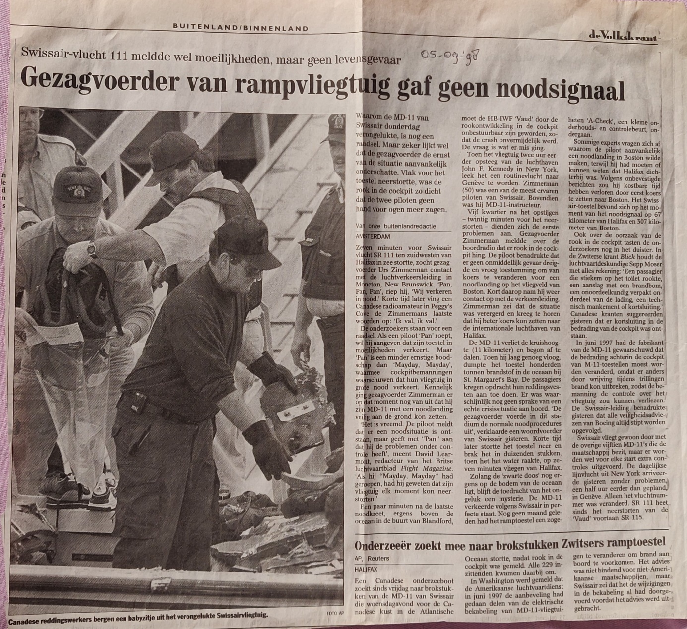 McDonnel Douglas MD-11 Swissair crash 5 September 1998 newspaper article 