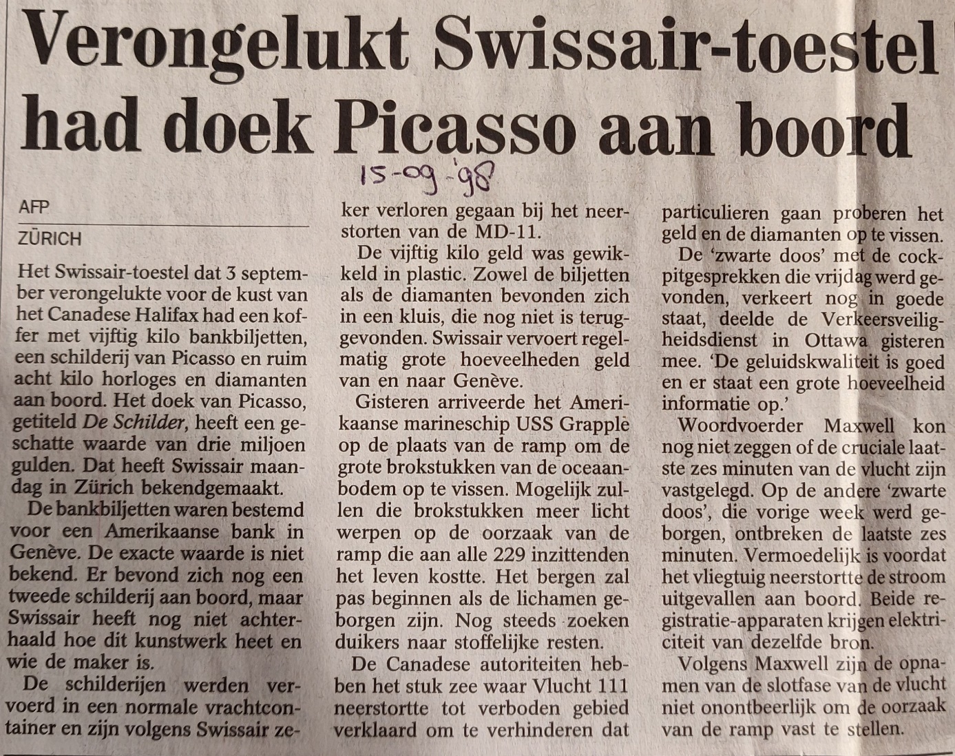 McDonnel Douglas MD-11 Swissair crash 15 September 1998 newspaper article Picasso painting